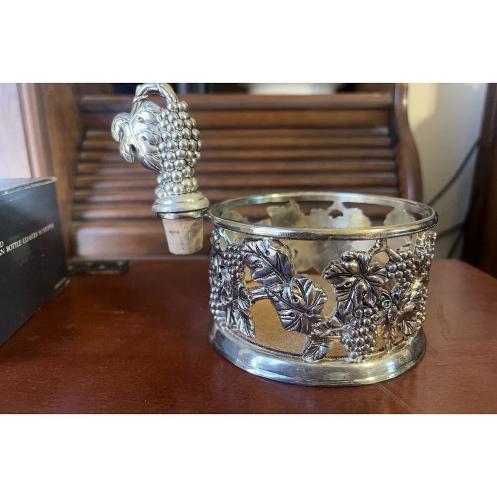 Godinger Silver Art Company. Silver Plated Grape Motif Wine Bottle coaster and s